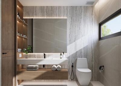 Modern bathroom with built-in shelf and large mirror