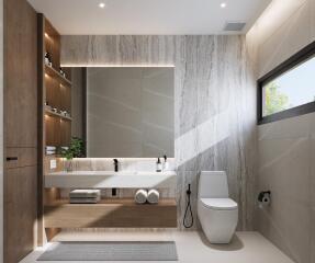 Modern bathroom with built-in shelf and large mirror