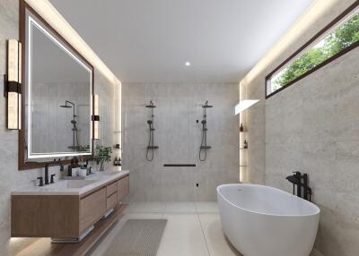 Modern bathroom with dual showers and freestanding bathtub