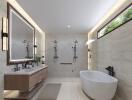 Modern bathroom with dual showers and freestanding bathtub