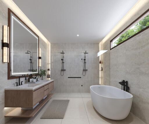 Modern bathroom with dual showers and freestanding bathtub