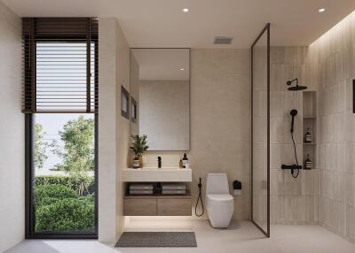 Modern bathroom with large window, vanity, and shower