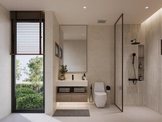 Modern bathroom with large window, vanity, and shower