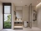 Modern bathroom with large window, vanity, and shower