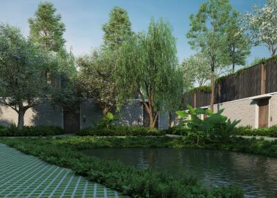 Beautiful garden area with lush greenery and a small pond