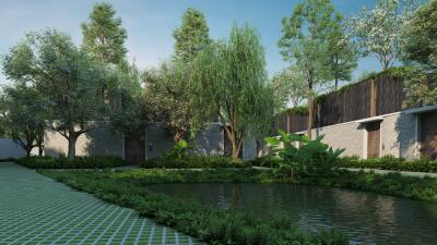 Beautiful garden area with lush greenery and a small pond