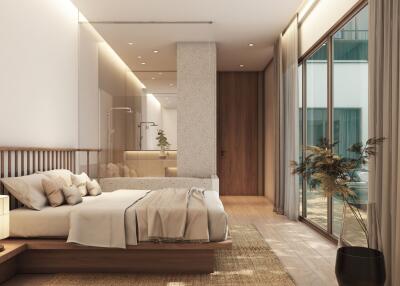 Modern bedroom with large glass windows, wooden bed, and neutral decor