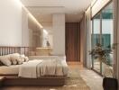 Modern bedroom with large glass windows, wooden bed, and neutral decor