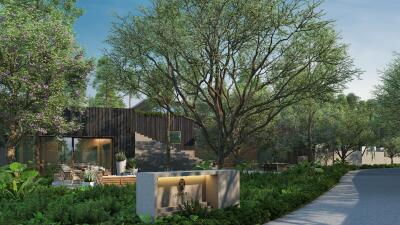 Outdoor view of modern building surrounded by trees