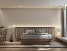 Modern bedroom with large windows and minimalist decor