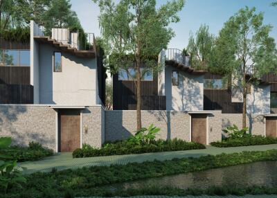 Modern residential buildings with greenery and pond