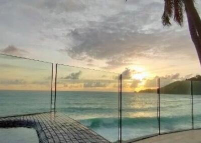 Oceanfront view with glass railing and palm trees