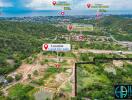 Aerial view of property land for sale with landmarks and distances indicated