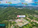 Aerial view of land for sale with multiple location markers indicating distances to nearby places