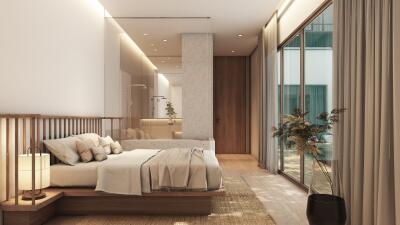 Spacious and modern bedroom with large windows and elegant decor