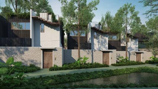 Modern townhouses with trees and greenery