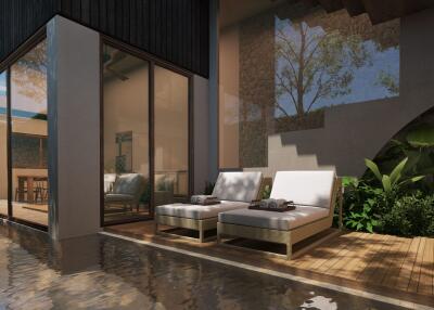 Outdoor seating area with poolside view