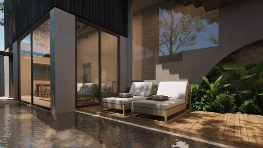 Outdoor seating area with poolside view