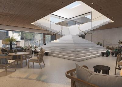 Spacious modern lobby with central staircase