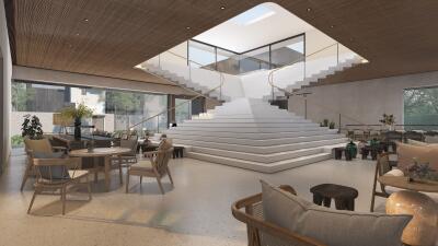 Spacious modern lobby with central staircase