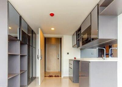 Modern kitchen with sleek grey cabinets and countertop