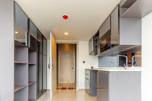 Modern kitchen with sleek grey cabinets and countertop