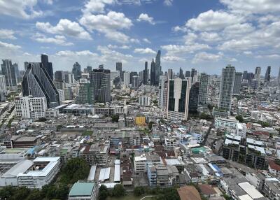 City skyline view with skyscrapers and residential buildings