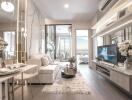 Modern living room with a cozy sofa, dining area, and a view of the city through the balcony