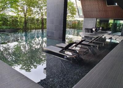 Luxury swimming pool area with lounge chairs and greenery