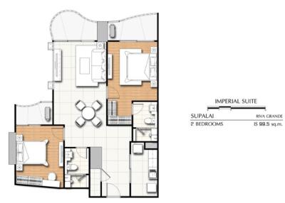 Floor plan showing layout of an apartment with two bedrooms, kitchen, living area, and bathrooms