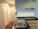 Modern kitchen with sink, countertop stove, and hallway view