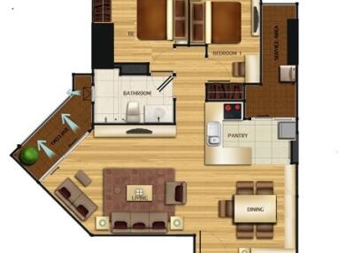 Floor plan layout with two bedrooms, living area, bathroom, pantry, and dining area