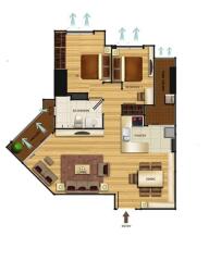 Floor plan layout with two bedrooms, living area, bathroom, pantry, and dining area