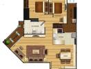 Floor plan layout with two bedrooms, living area, bathroom, pantry, and dining area