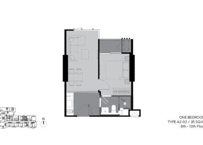 Apartment floor plan showing layout of a one-bedroom unit, type A2-02, 35 square meters, on the 8th - 13th floor