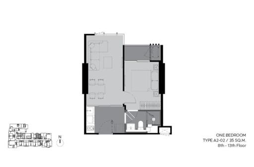 Apartment floor plan showing layout of a one-bedroom unit, type A2-02, 35 square meters, on the 8th - 13th floor