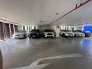 Indoor parking garage with multiple cars parked in assigned spaces