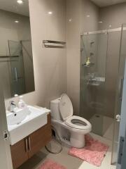 Modern bathroom with glass shower enclosure and vanity sink