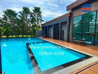 Outdoor swimming pool area with palm trees and modern building