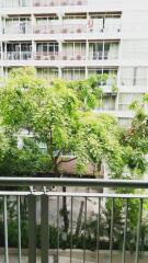 View of green trees and neighboring building from a balcony.