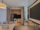 Modern kitchen area with wooden cabinets, washing machine, and dining table