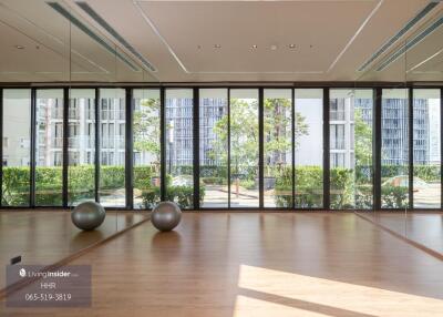 Spacious room with large windows and exercise balls