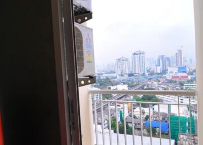 View of balcony with city skyline