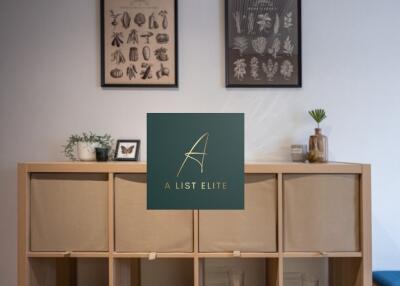 Living room with wall decor and storage unit