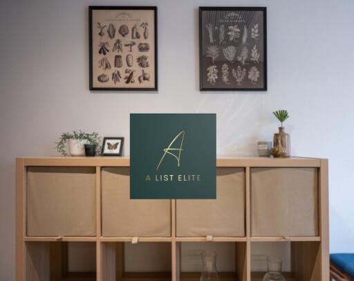 Living room with wall decor and storage unit