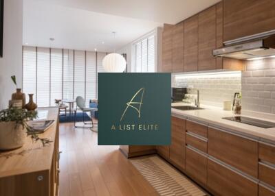 Modern kitchen interior with wooden cabinets and dining area