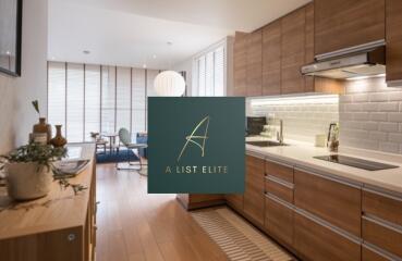 Modern kitchen interior with wooden cabinets and dining area