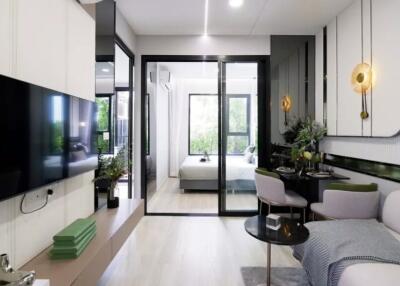 Modern living room with open bedroom