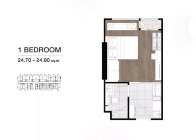 1-bedroom floor plan with dimensions and layout