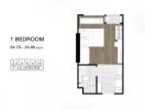 1-bedroom floor plan with dimensions and layout